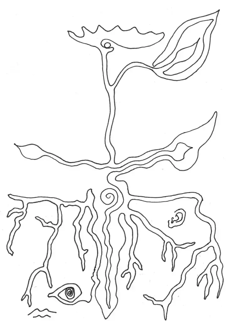 Dessin abstrait représentant une plante stylisée avec des racines et des feuilles.