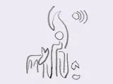 Dessin abstrait en noir et blanc représentant des formes humaines et animales stylisées.
