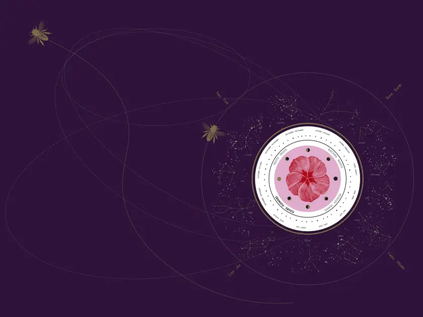 Un cercle central avec une fleur rose sur fond violet, entouré de constellations et de lignes délicates.