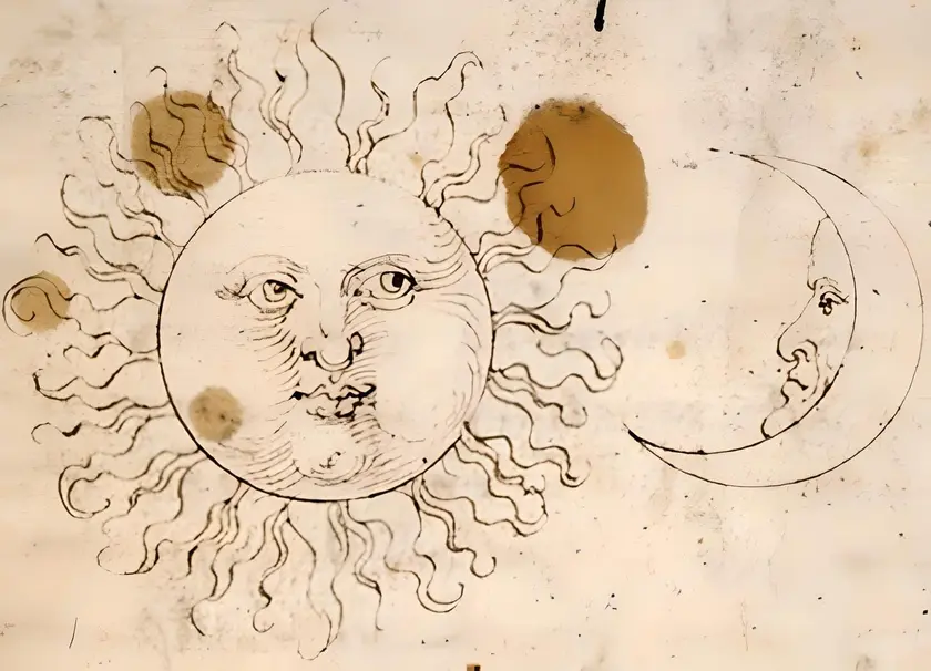 Un dessin ancien représentant un soleil avec un visage et des rayons, à côté d'une lune avec un visage.