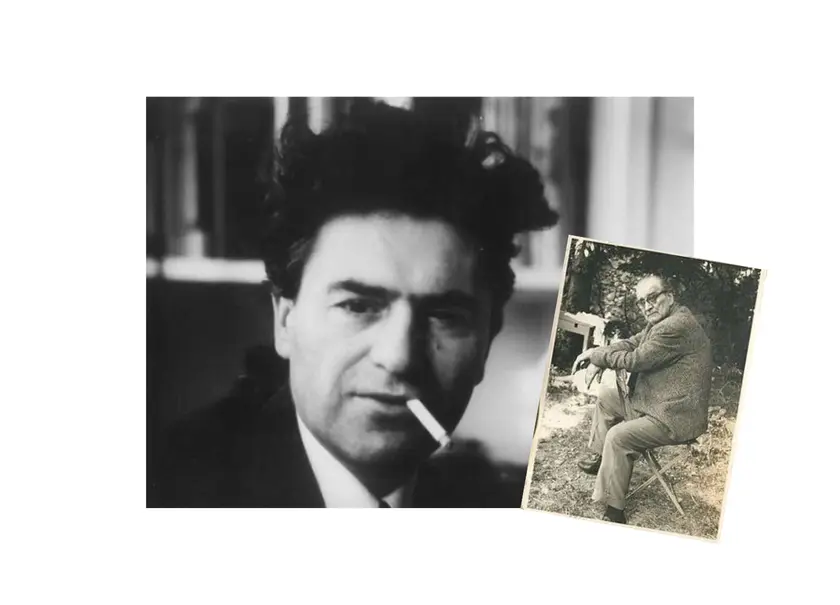 Portrait en noir et blanc d'un homme avec une cigarette, accompagné d'une photo d'un homme assis sur une chaise.