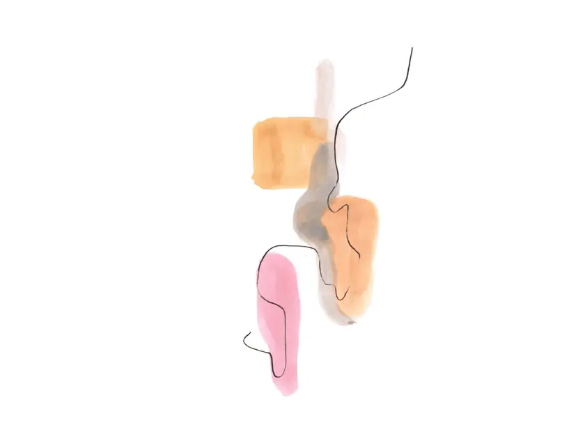 Composition abstraite avec des formes organiques en couleurs pastel sur fond blanc.