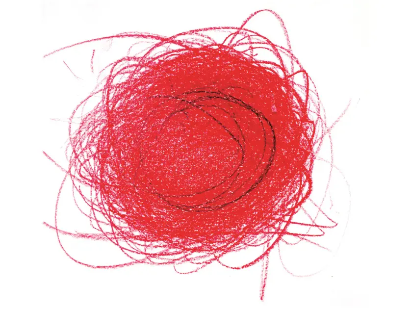 Un enchevêtrement de lignes rouges et noires formant une spirale désordonnée sur fond blanc.