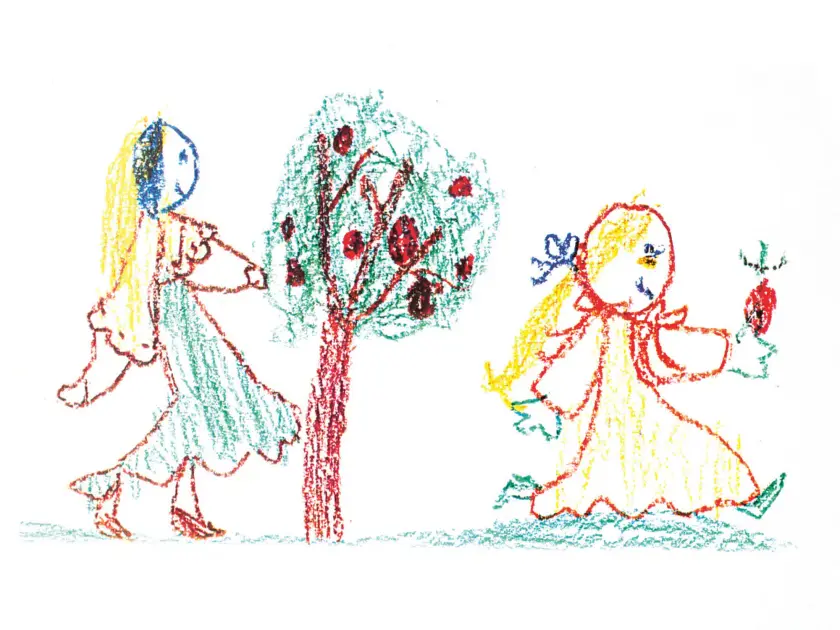 Deux enfants dessinés à la craie, l'un près d'un arbre et l'autre tenant une fleur.