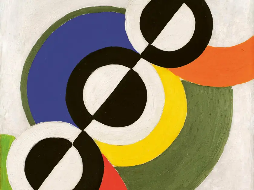 Composition abstraite avec des cercles et des formes colorées en bleu, noir, jaune, orange et vert.