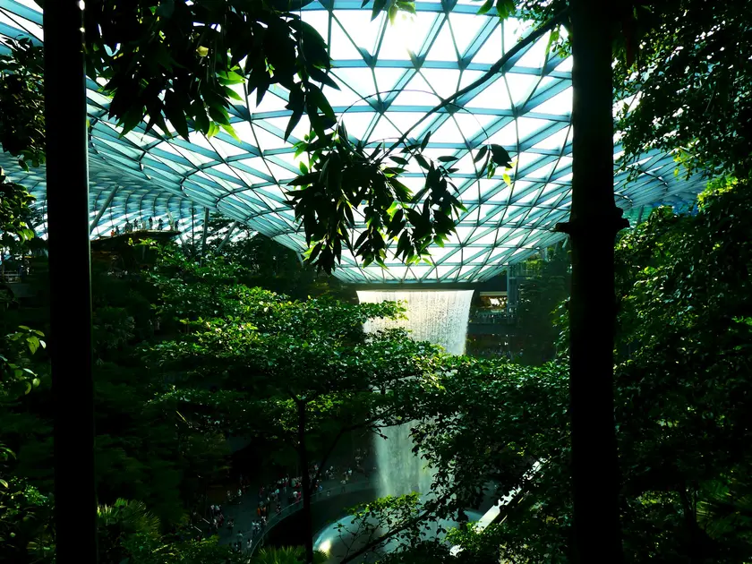 Une grande cascade intérieure entourée de verdure, sous un toit en verre.
