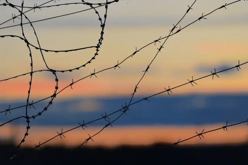 Fil barbelé en premier plan avec un coucher de soleil en arrière-plan.